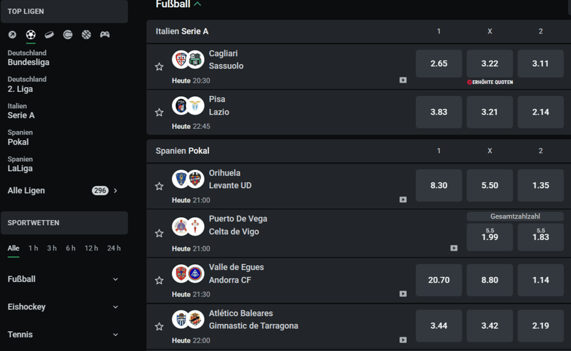 Live-Wetten und Fußballquoten bei Leon Bet Deutschland – Bundesliga, Serie A und La Liga im aktuellen Sportwetten-Center